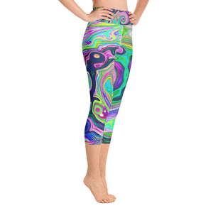 Capri Yoga Leggings, Groovy Abstract Aqua and Navy Lava Swirl