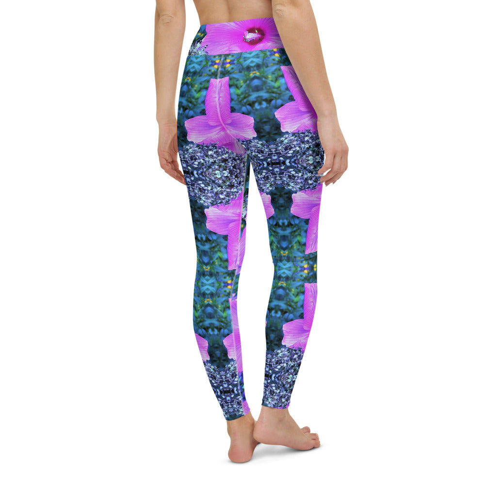 Yoga Leggings, Pink Hibiscus with Blue Hydrangea Foliage