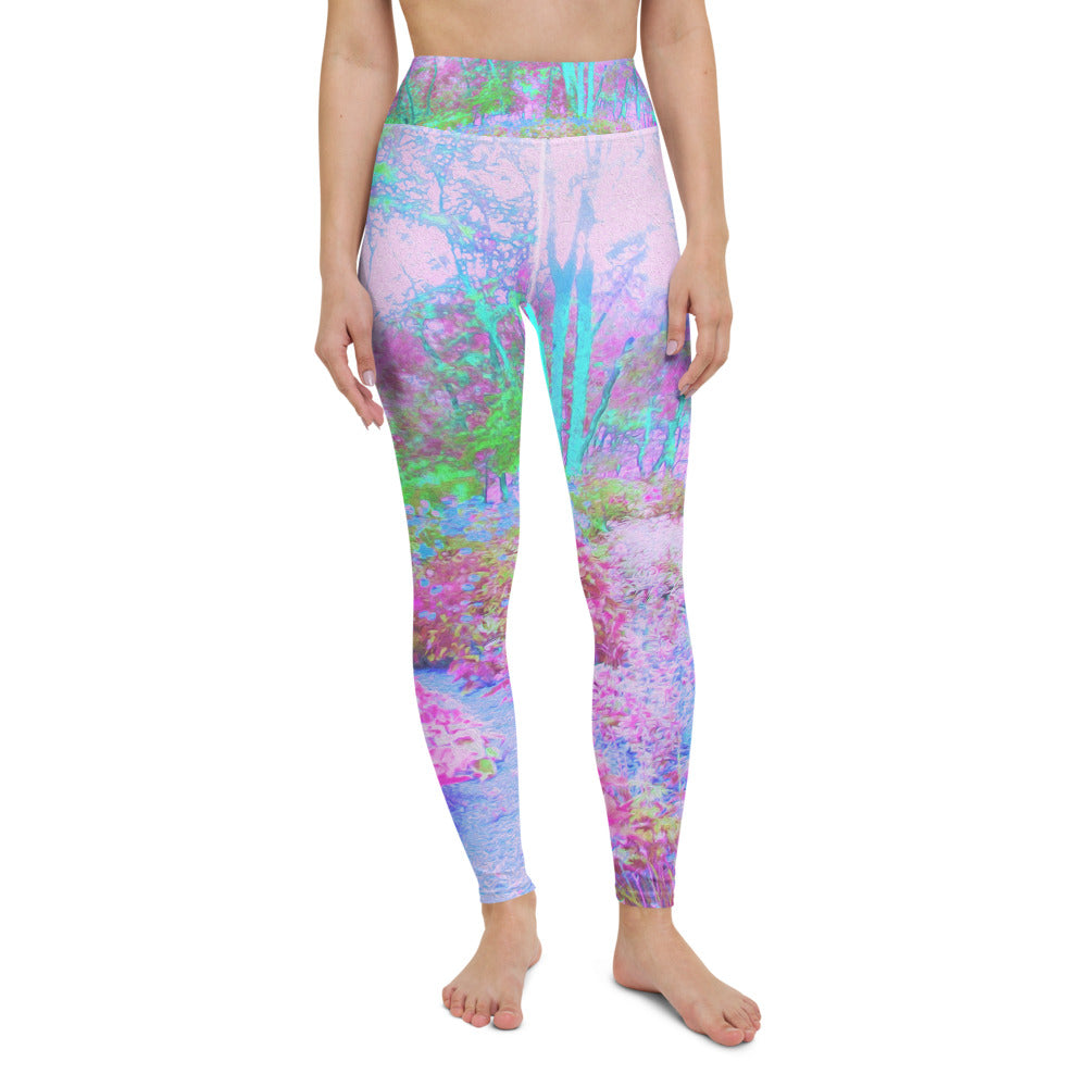 Yoga Leggings for Women, Impressionistic Pink and Turquoise Garden Landscape