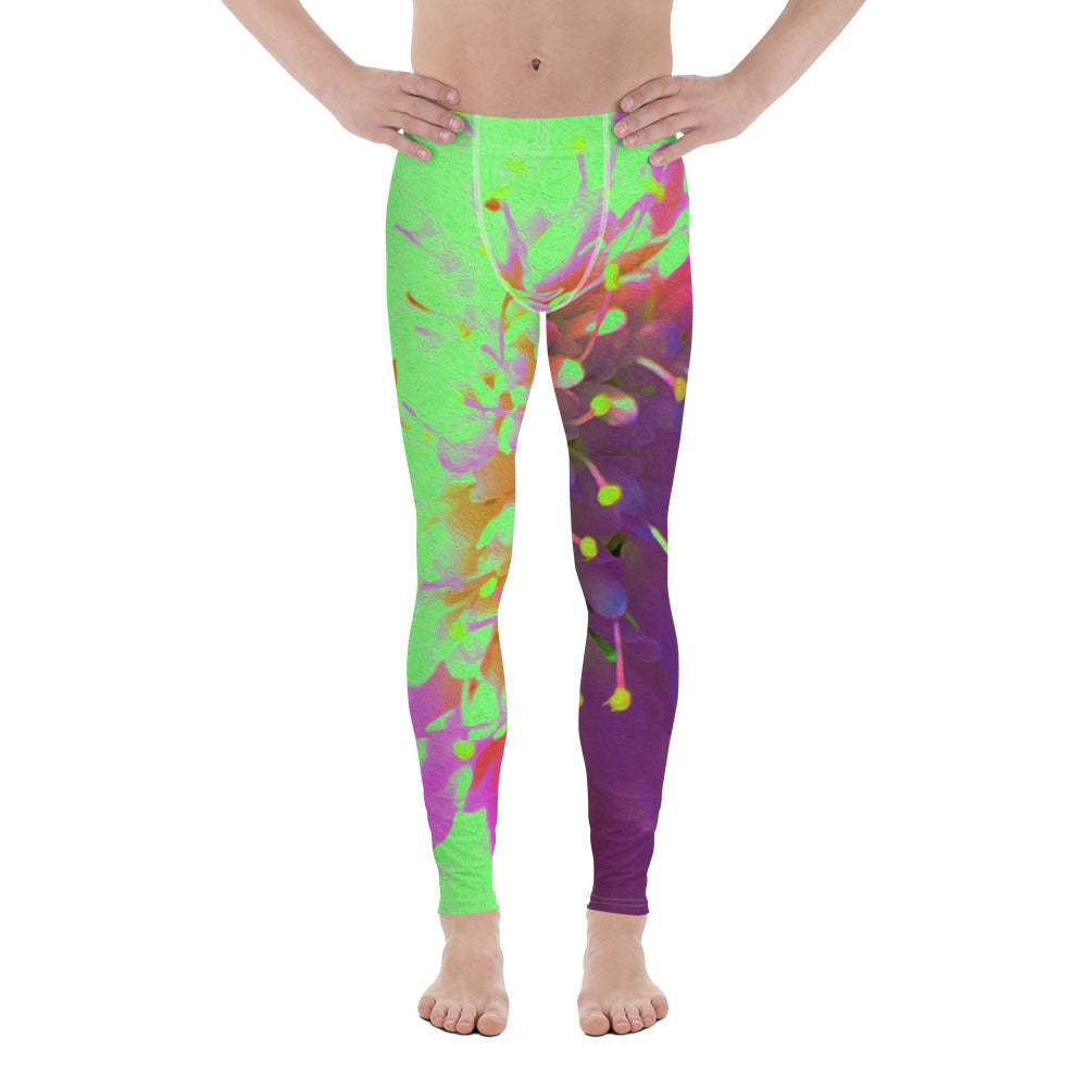 Men's Leggings, Abstract Flower in Lime Green and Purple