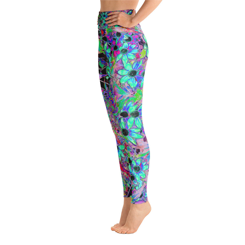 Yoga Leggings for Women, Purple Garden with Psychedelic Aquamarine Flowers