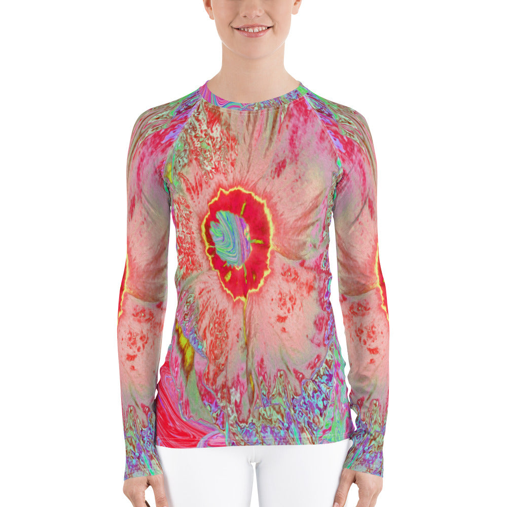 Women's Rash Guard, Psychedelic Retro Coral Rainbow Hibiscus