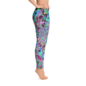 Leggings for Women, Purple Garden with Psychedelic Aquamarine Flowers