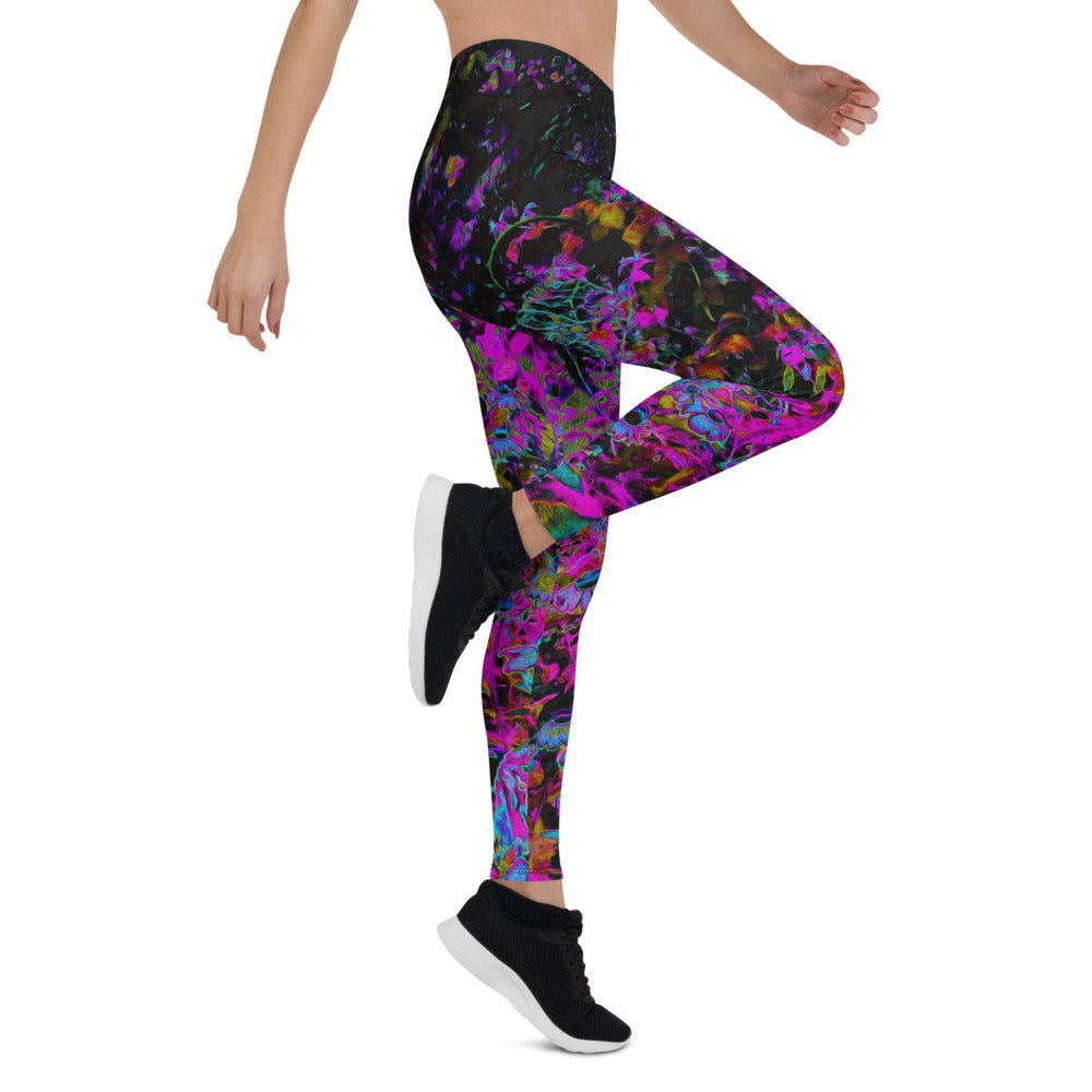 Leggings for Women, Psychedelic Hot Pink and Black Garden Sunrise