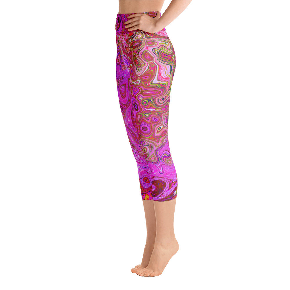 Capri Yoga Leggings, Hot Pink Marbled Colors Abstract Retro Swirl