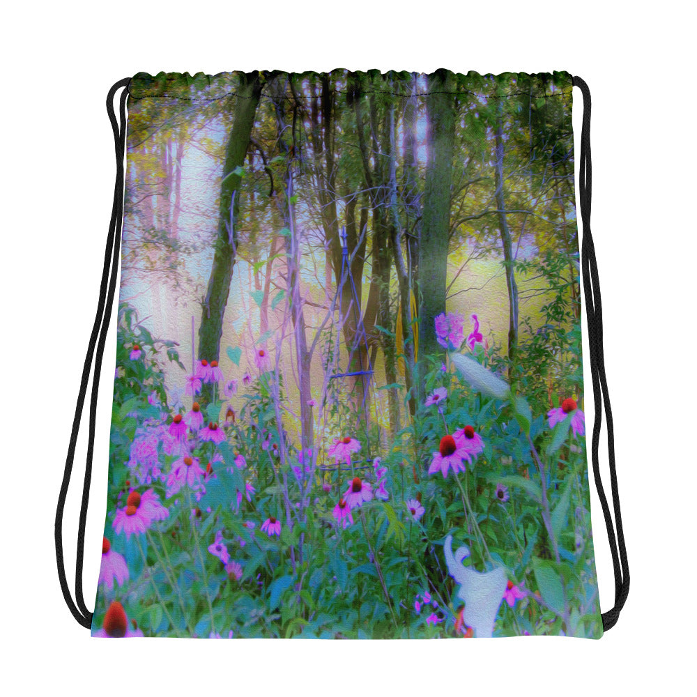Drawstring bag, Bright Sunrise with Pink Coneflowers in My Rubio Garden