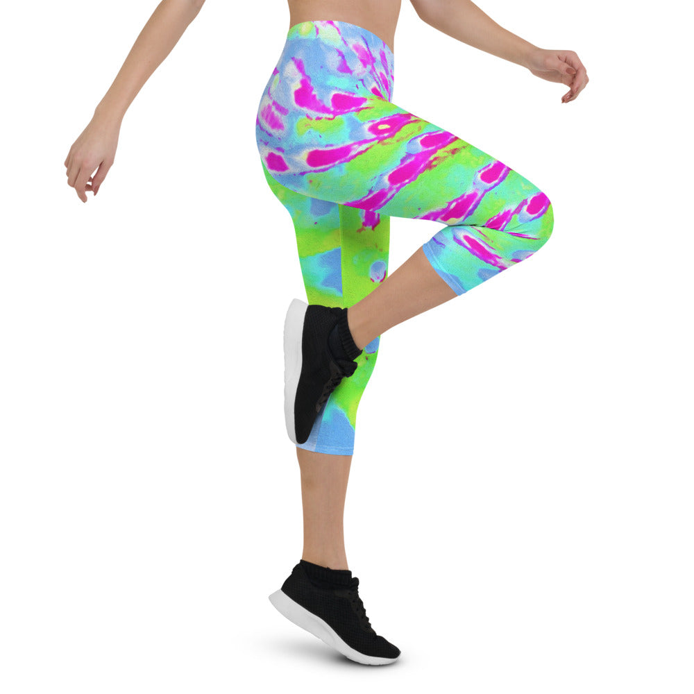 Capri Leggings, Lime Green and Purple Abstract Cone Flower
