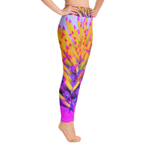Yoga Leggings for Women, Abstract Macro Hot Pink and Yellow Coneflower