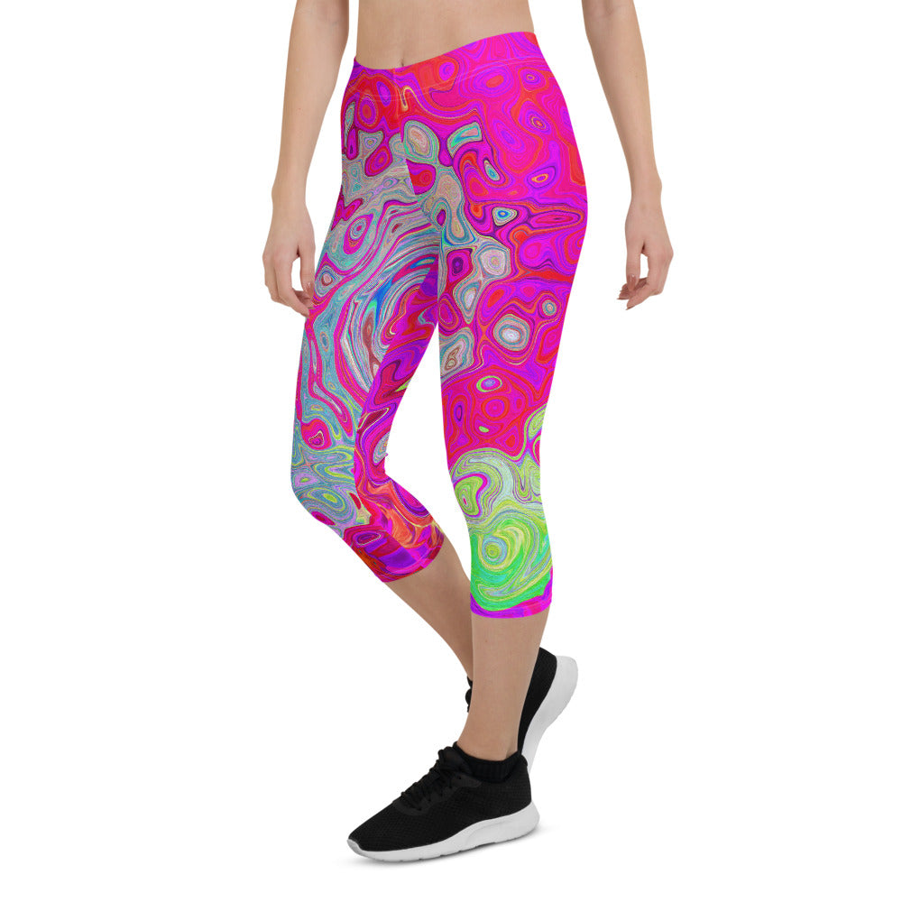 Capri Leggings, Groovy Abstract Teal Blue and Red Swirl