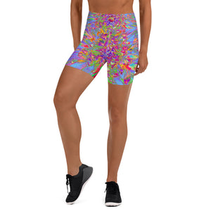 Yoga Shorts for Women, Psychedelic Groovy Blue Abstract Dahlia Flower