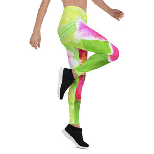 Leggings for Women, Pretty Deep Pink Stargazer Lily on Lime Green