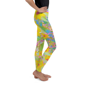 Youth Leggings, Pretty Yellow and Red Flowers with Turquoise