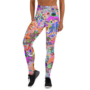 Yoga Leggings for Women, Psychedelic Hot Pink and Lime Green Garden Flowers