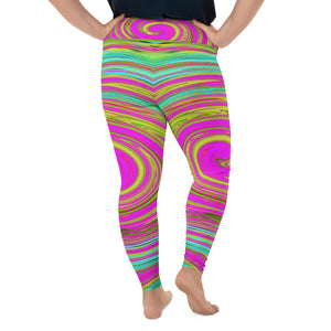 Plus Size Leggings, Groovy Abstract Pink and Turquoise Swirl with Flowers
