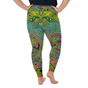 Plus Size Leggings, Groovy Abstract Retro Lime Green and Blue Swirl
