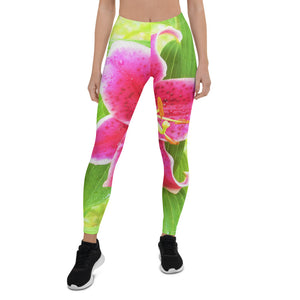 Leggings for Women, Pretty Deep Pink Stargazer Lily on Lime Green