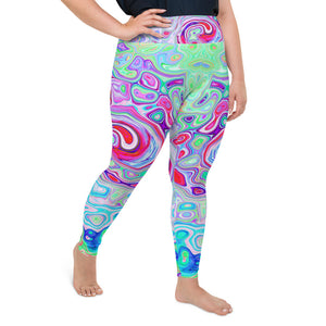 Plus Size Leggings, Groovy Abstract Retro Pink and Green Swirl