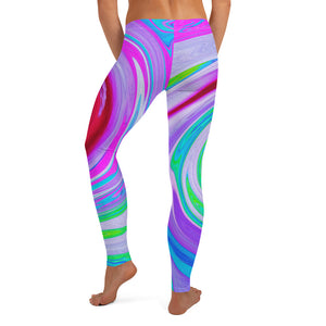 Leggings for Women, Groovy Abstract Red Swirl on Purple and Pink