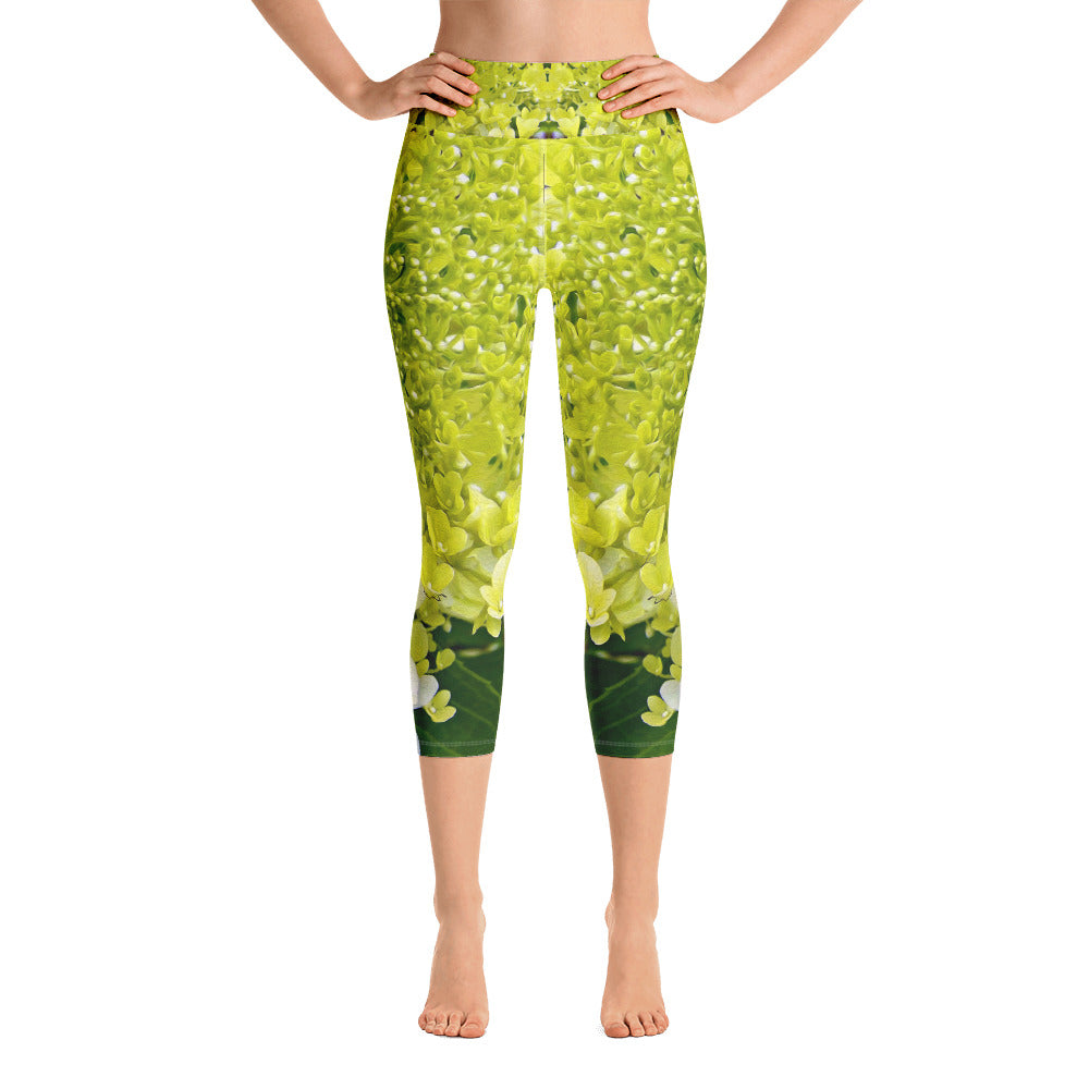 Yoga Capri Leggings, Elegant Chartreuse Green Limelight Hydrangea