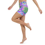 Yoga Shorts for Women, Rainbow Colors Fiesta Succulent Sedum Rosette