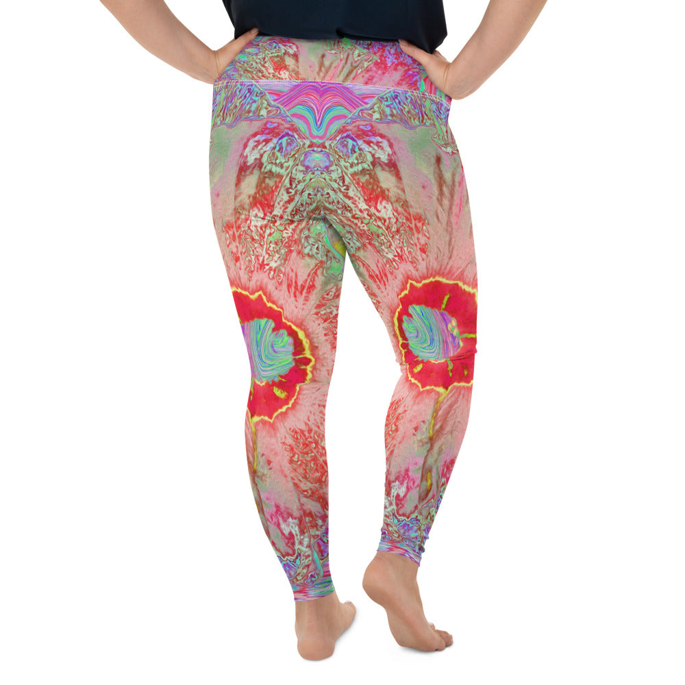 Plus Size Leggings, Psychedelic Retro Coral Rainbow Hibiscus