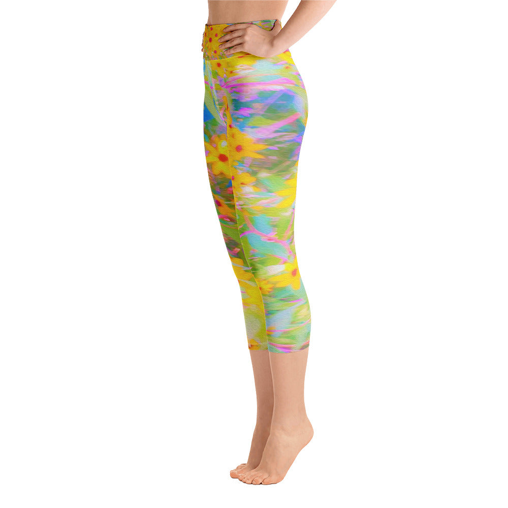 Capri Yoga Leggings, Pretty Yellow and Red Flowers with Turquoise