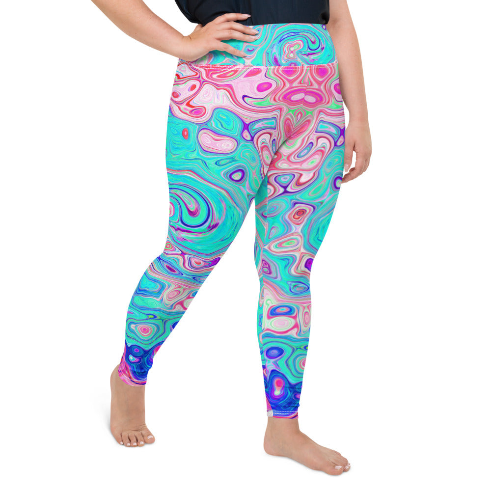 Plus Size Leggings, Groovy Aqua Blue and Pink Abstract Retro Swirl