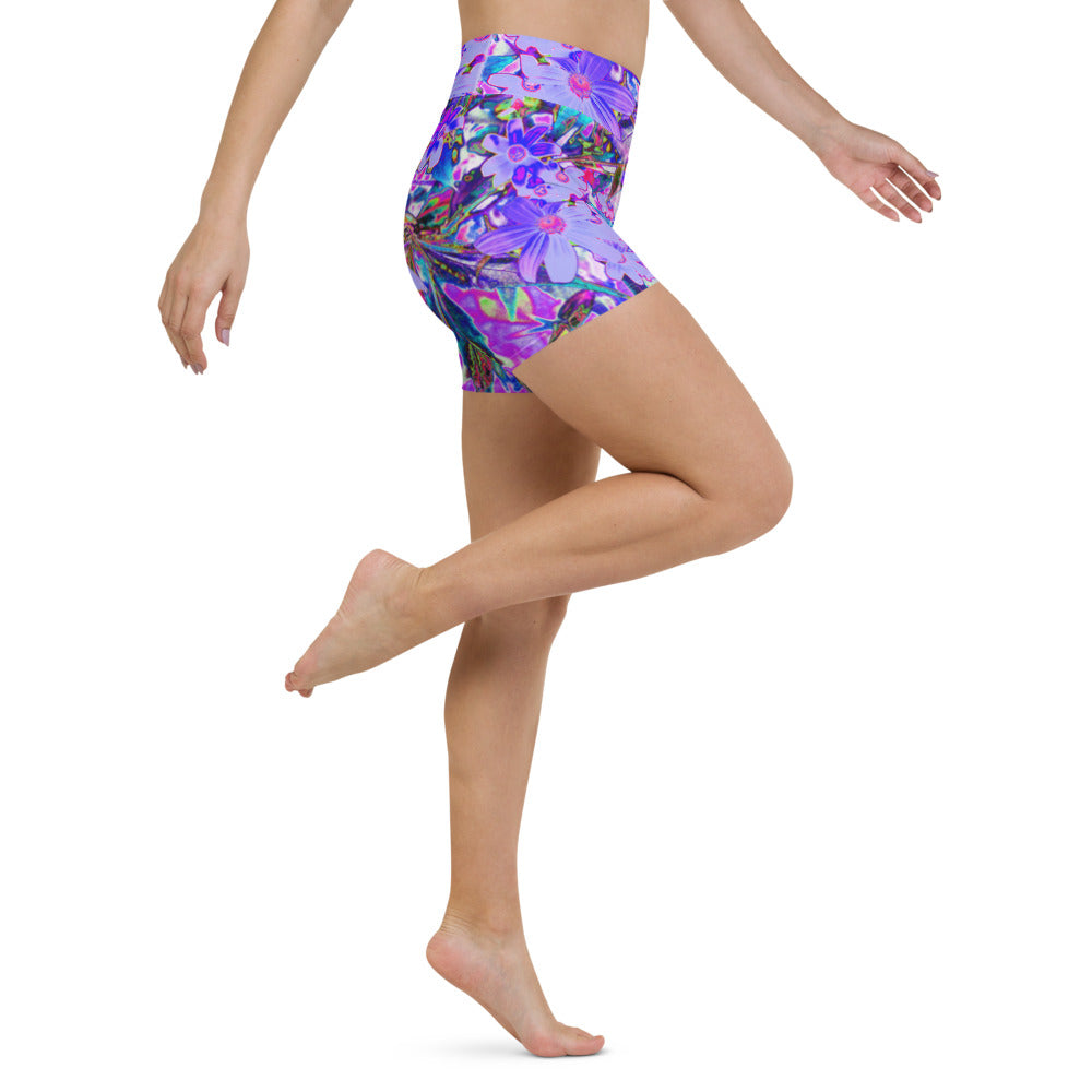 Yoga Shorts for Women, Trippy Purple and Magenta Colorful Wildflowers