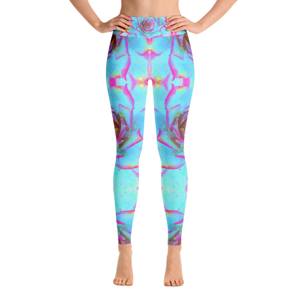 Yoga Leggings for Women, Hot Pink and Blue Succulent Sedum Detail