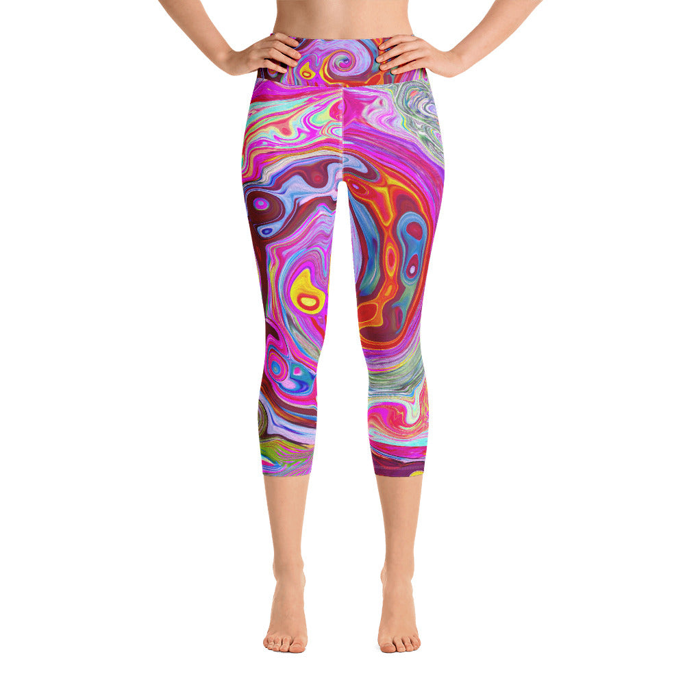 Capri Yoga Leggings, Groovy Abstract Retro Hot Pink and Blue Swirl