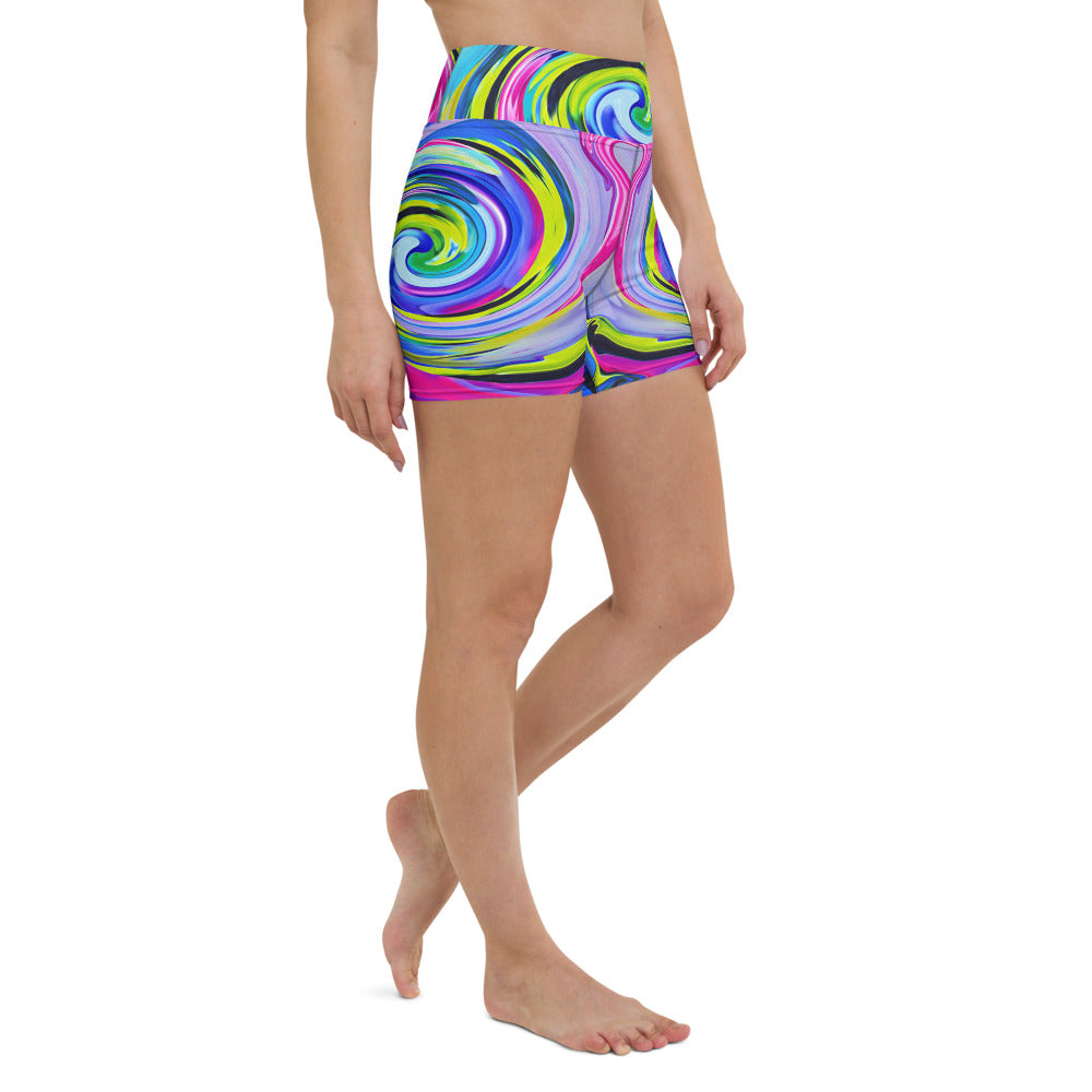 Yoga Shorts, Groovy Abstract Yellow and Navy Blue Swirl