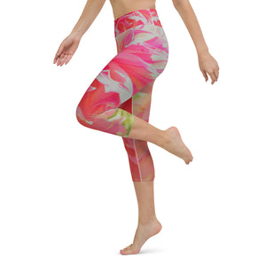 Capri Yoga Leggings, Elegant Coral and Pink Decorative Dahlia