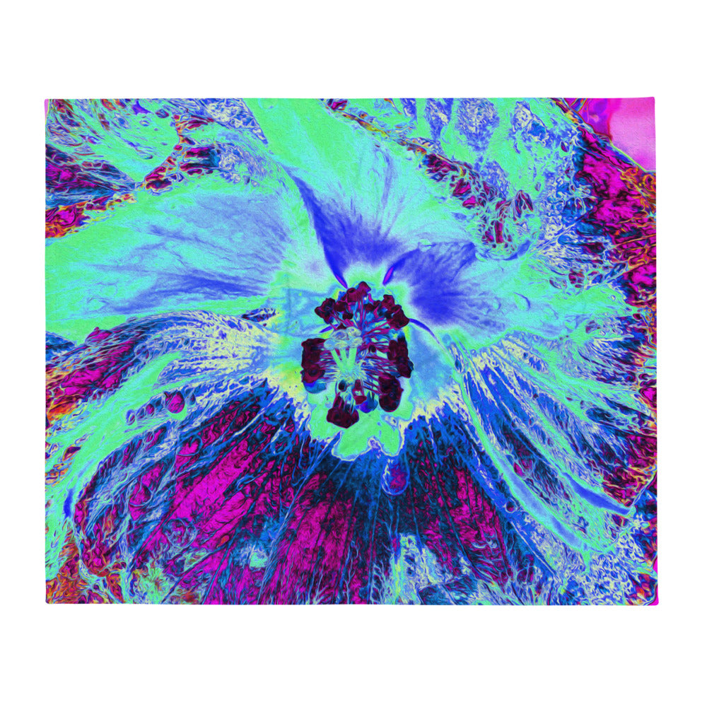 Throw Blankets, Psychedelic Retro Green and Blue Hibiscus Flower