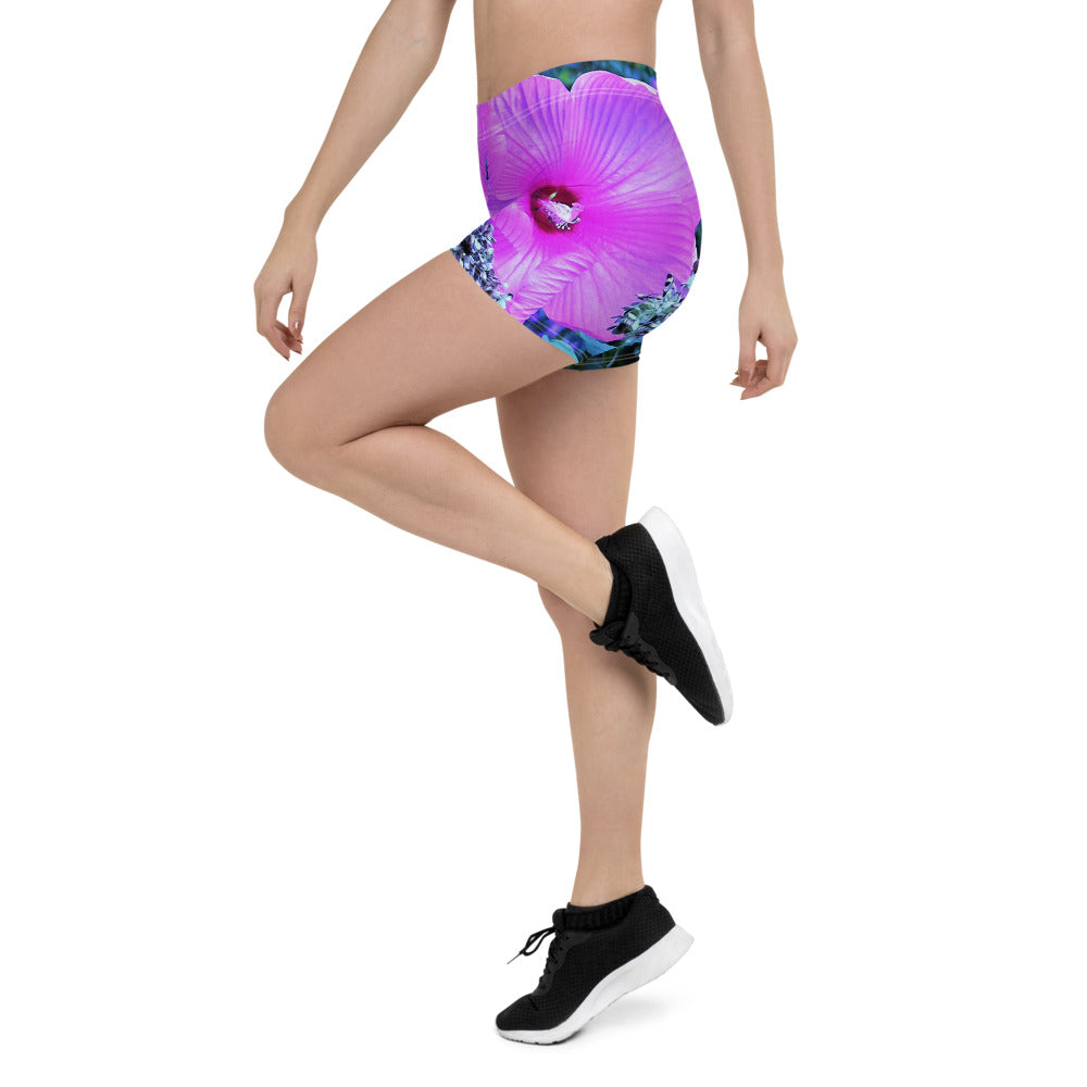 Spandex Shorts, Pink Hibiscus with Blue Hydrangea Foliage