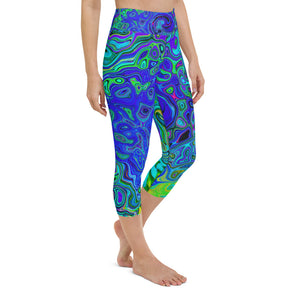 Capri Yoga Leggings, Trippy Violet Blue Abstract Retro Liquid Swirl