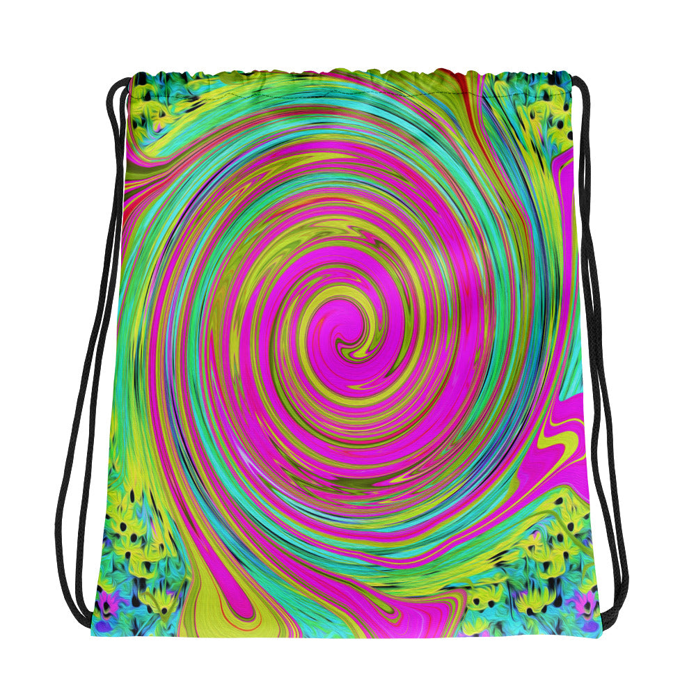Drawstring bags, Groovy Abstract Pink and Turquoise Swirl with Flowers