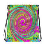 Drawstring bags, Groovy Abstract Pink and Turquoise Swirl with Flowers