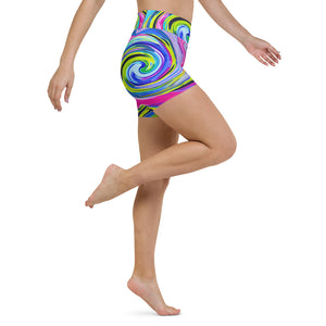 Yoga Shorts, Groovy Abstract Yellow and Navy Blue Swirl