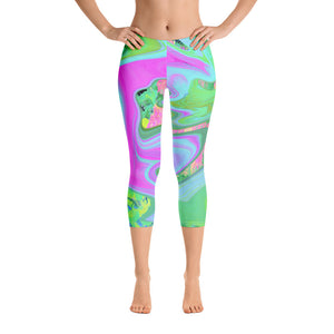 Capri Leggings, Retro Pink and Light Blue Liquid Art on Hydrangea