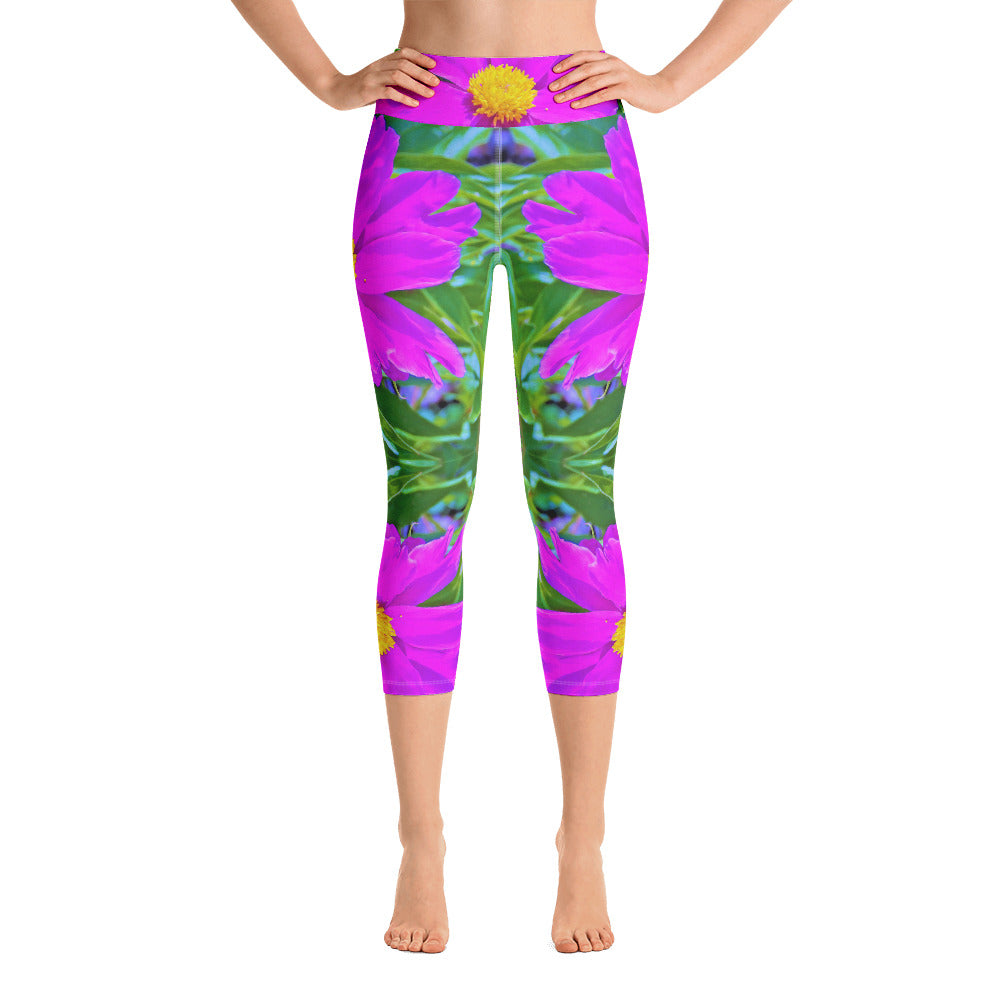 Capri Yoga Leggings, Brilliant Ultra Violet Peony with Yellow Center