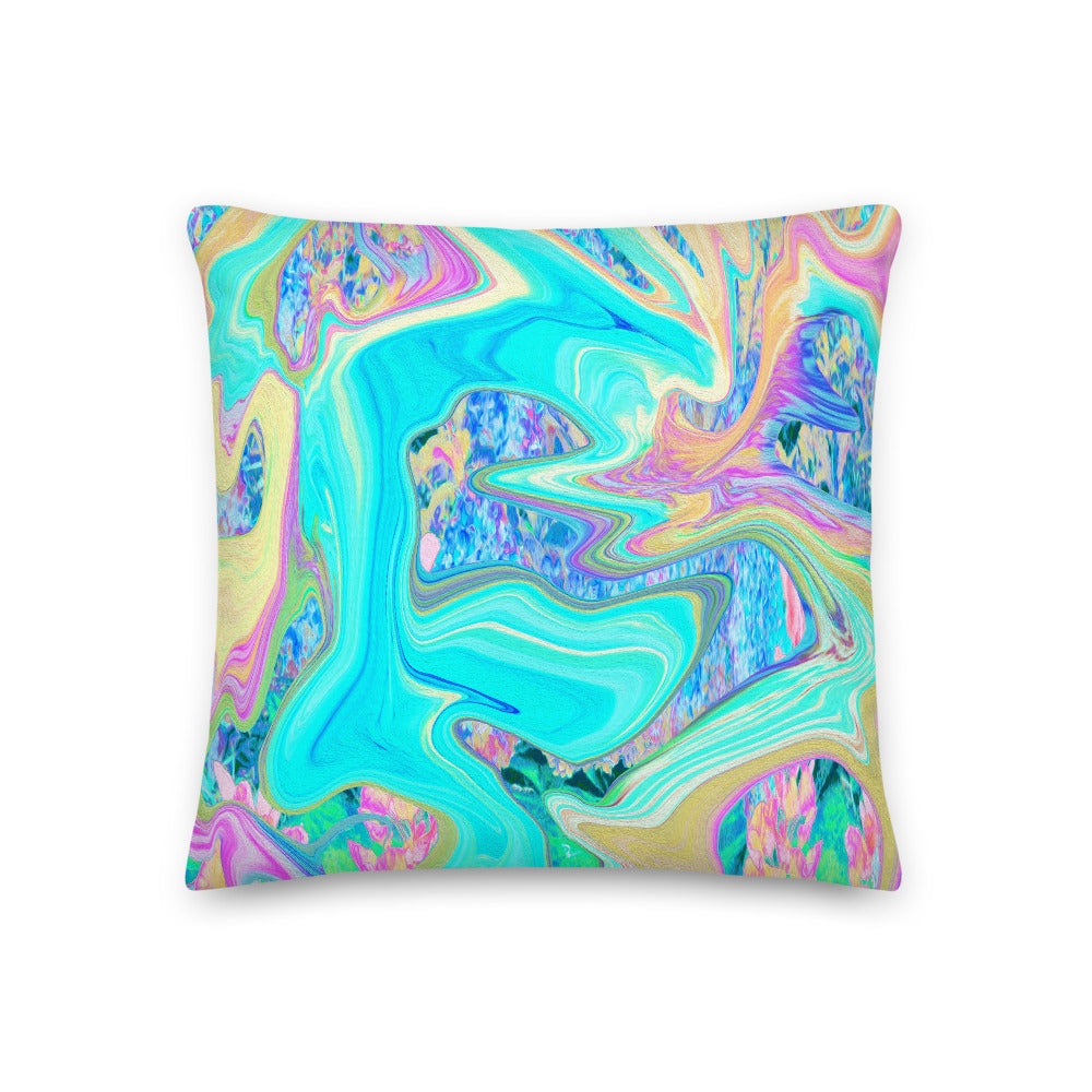 Decorative Throw Pillows, Retro Aqua Blue Liquid Art on Abstract Hydrangeas, Square