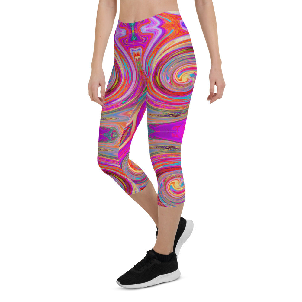 Capri Leggings for Women, Colorful Rainbow Swirl Retro Abstract Design