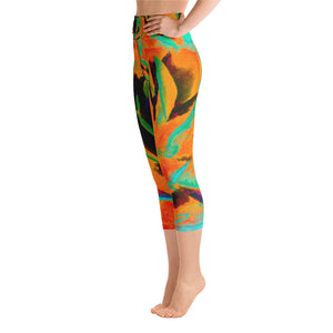 Capri Yoga Leggings, Aquamarine and Orange Succulent Sedum Rosette