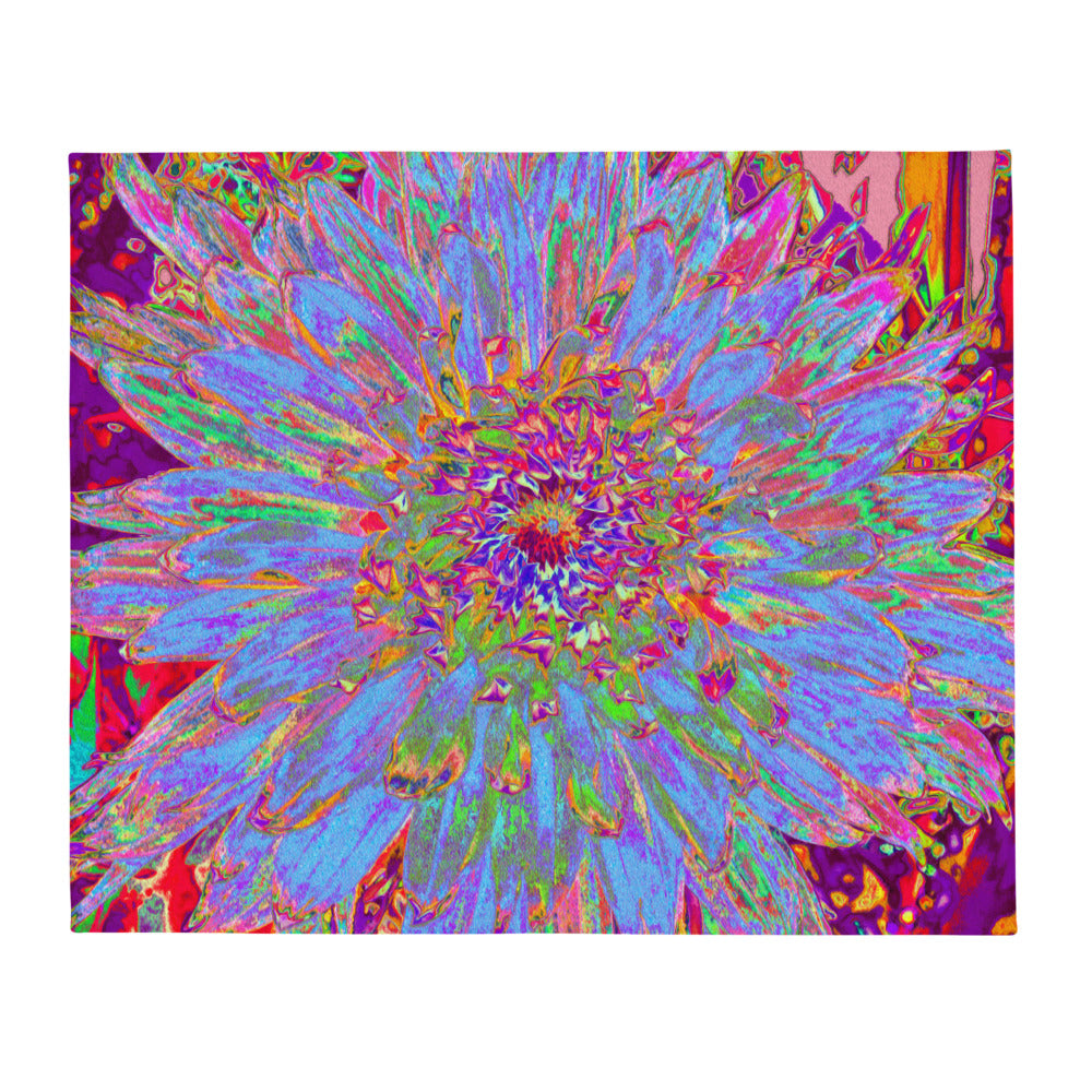 Throw Blankets, Psychedelic Groovy Blue Abstract Dahlia Flower