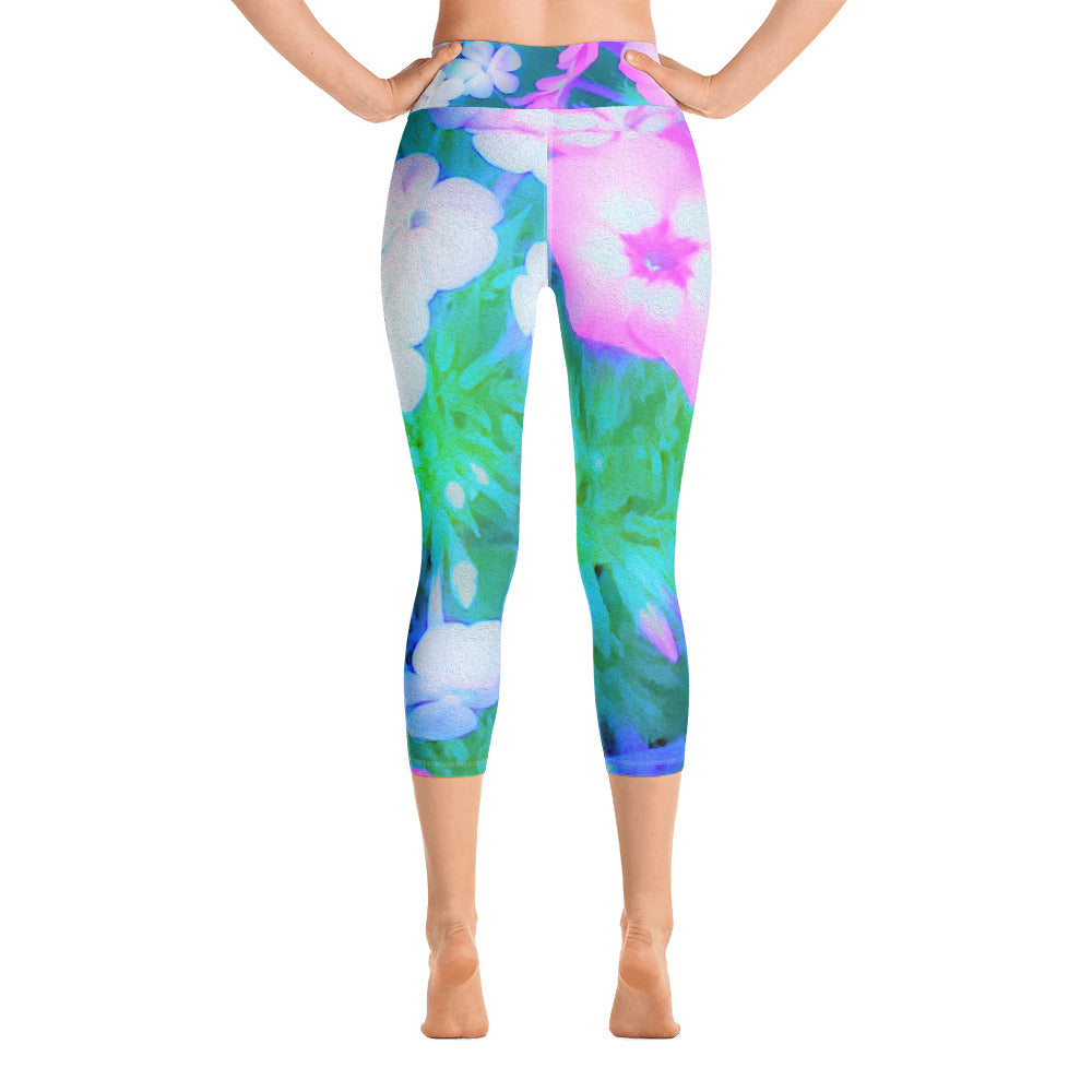 Capri Yoga Leggings, Pink, Green, Blue and White Garden Phlox Flowers