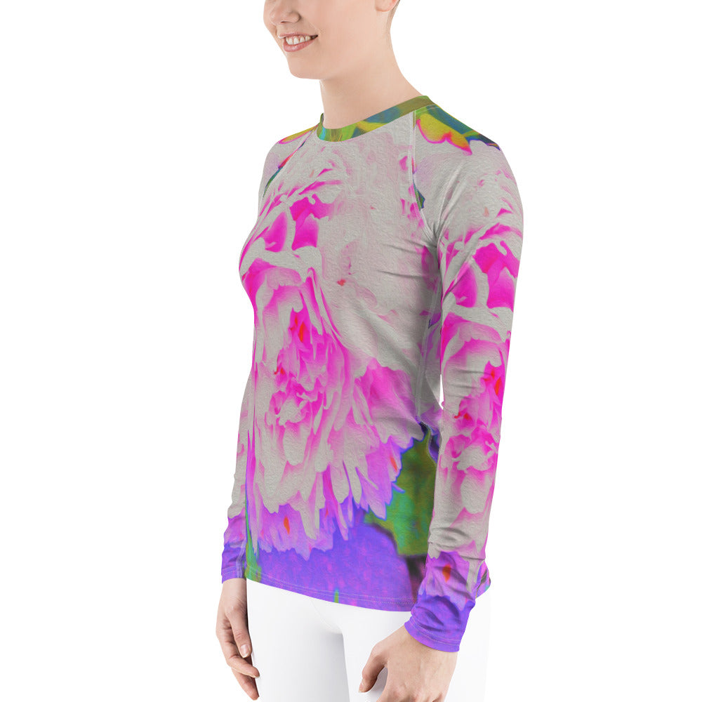 Women's Rash Guard, Electric Pink Peonies in the Colorful Garden