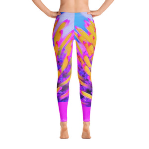 Leggings for Women, Abstract Macro Hot Pink and Yellow Coneflower