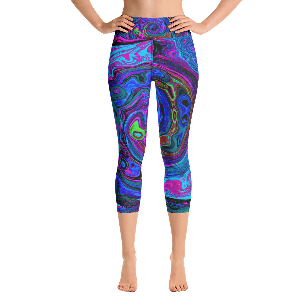 Capri Yoga Leggings, Groovy Abstract Retro Blue and Purple Swirl