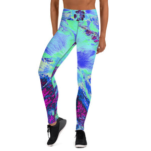 Yoga Leggings for Women, Psychedelic Retro Green and Blue Hibiscus Flower