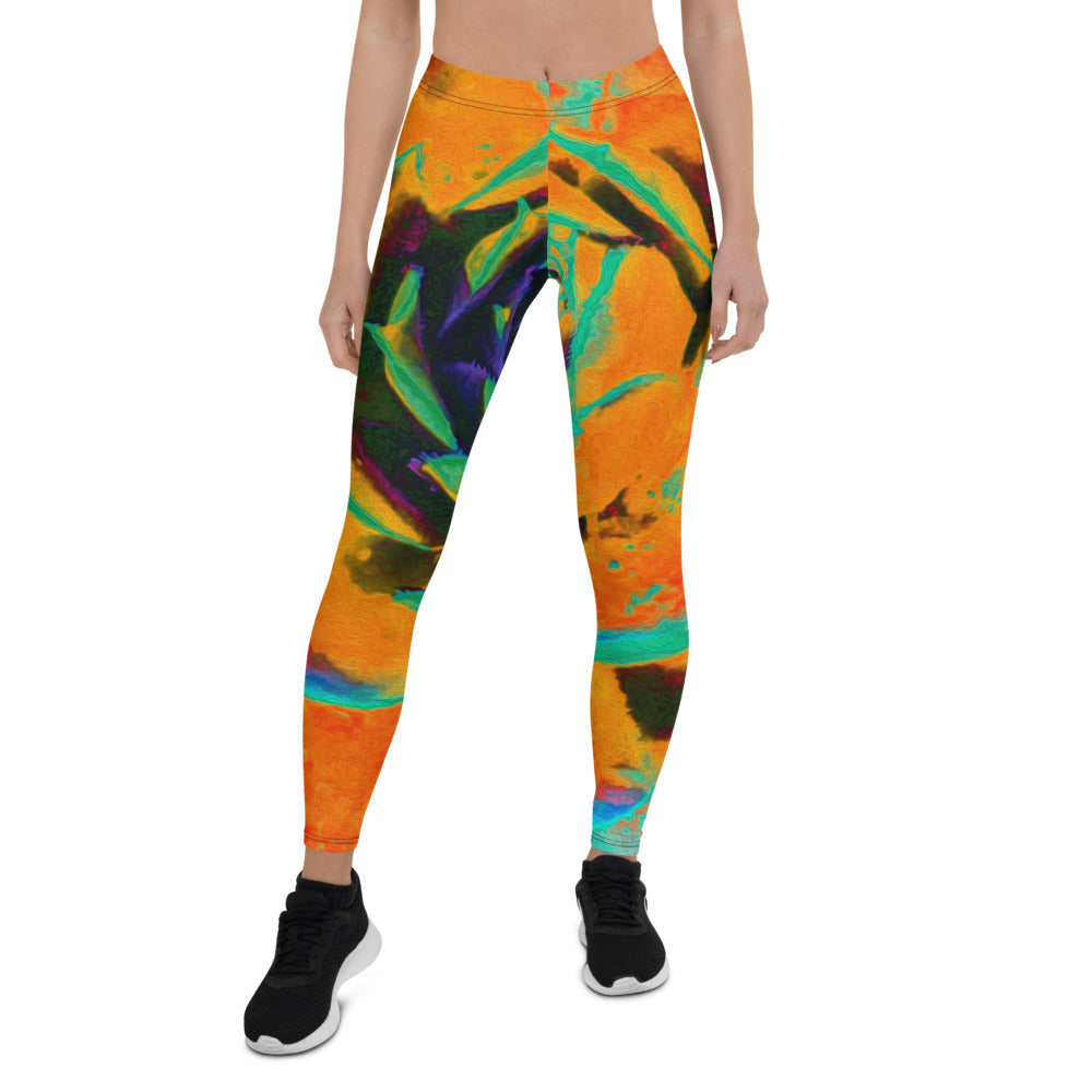 Leggings for Women, Aquamarine and Orange Succulent Sedum Rosette